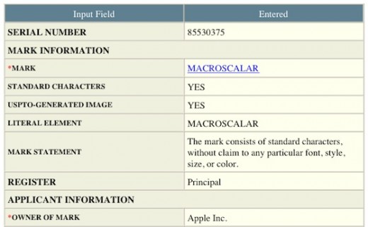 Корпорация Apple зарегистрировала торговую марку Macroscalar